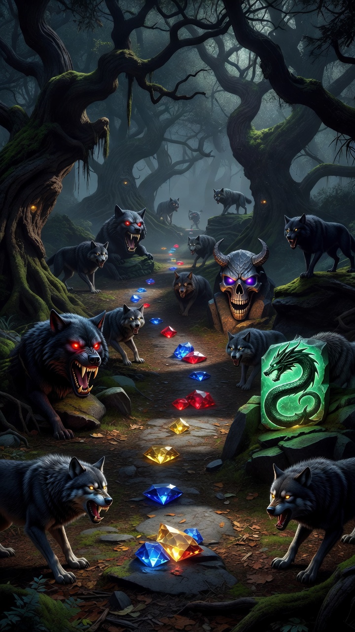 Monster Slot bonus symbols, reel icons, and glowing gems leading down a path guarded by the wolf pack