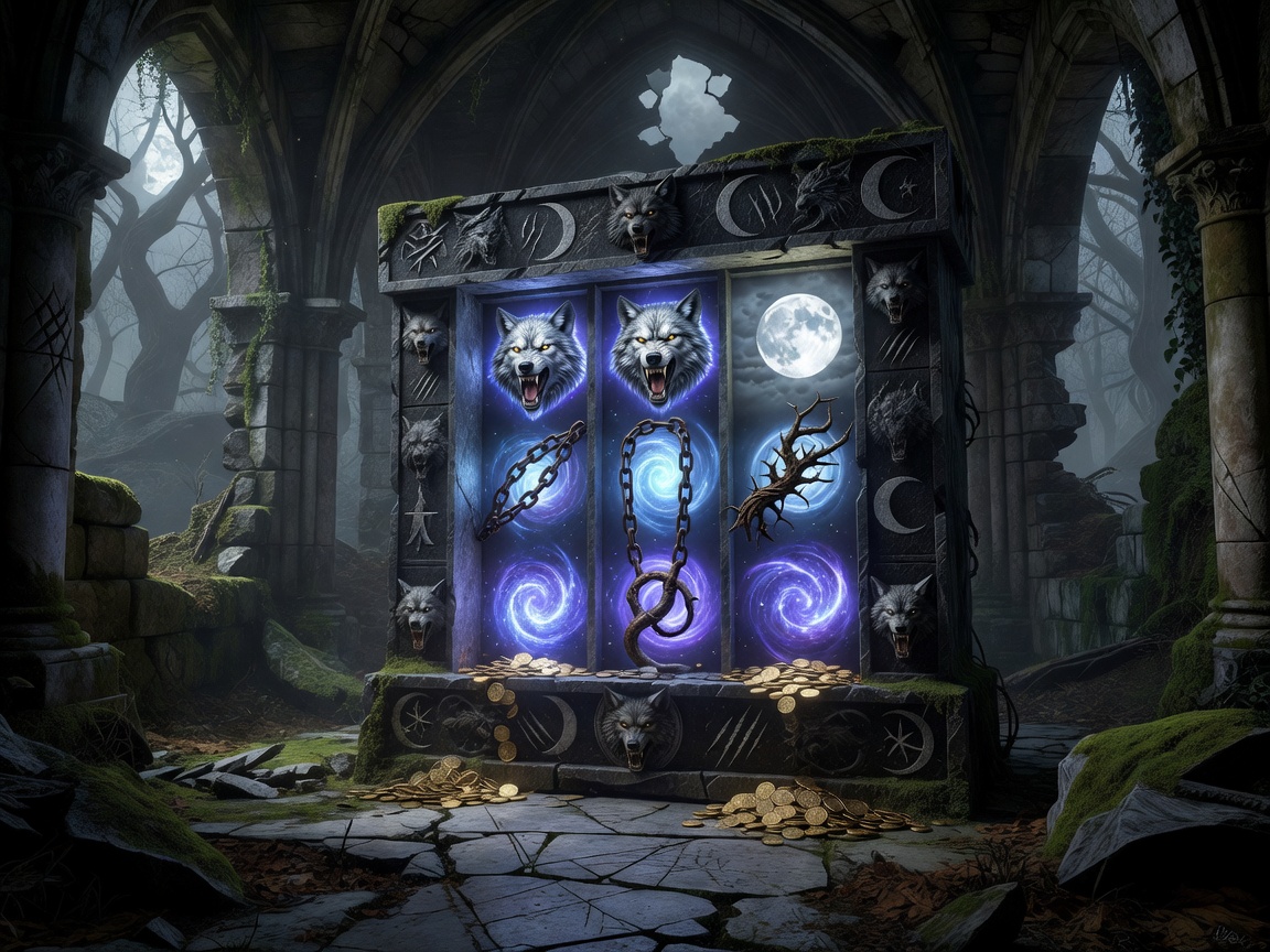 Monster slot game objects, glowing reels, and slot symbols perfectly integrated into an ancient werewolf lore setting