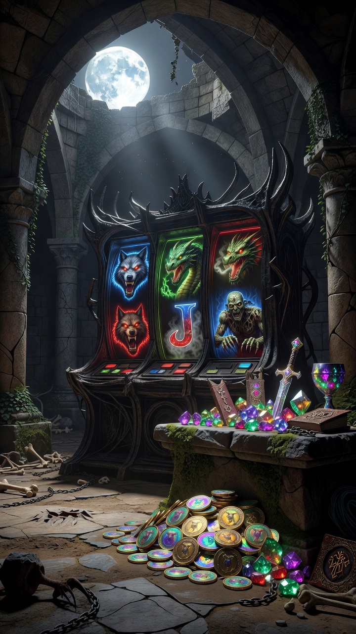 Glowing Monster Slot reels and game reward items displayed inside a moonlit werewolf sanctuary