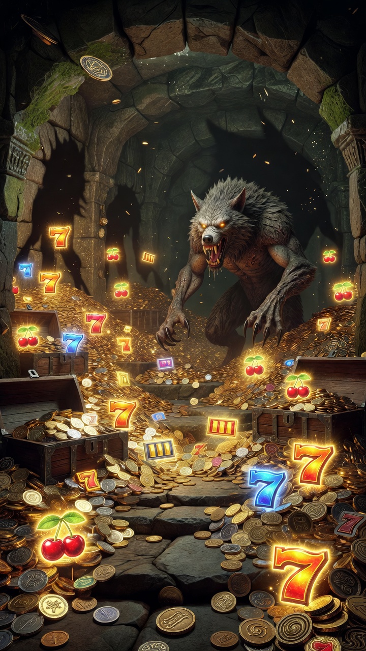 Monster Slot treasure vault overflowing with slot game coins, glowing bonus symbols, and a werewolf guardian