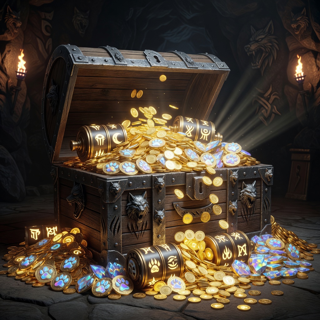 Monster Slot wolf clan treasure chest overflowing with in-game currency and slot items